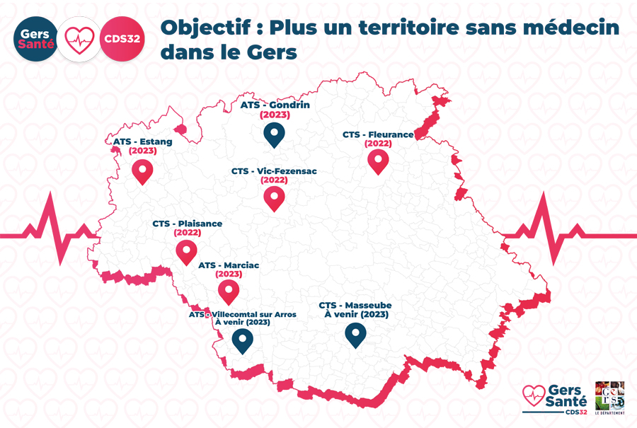 Carte CDS Gers Santé : "Objectif : Plus un territoire sans médecins dans le Gers" - Agrandir l'image (fenêtre modale)